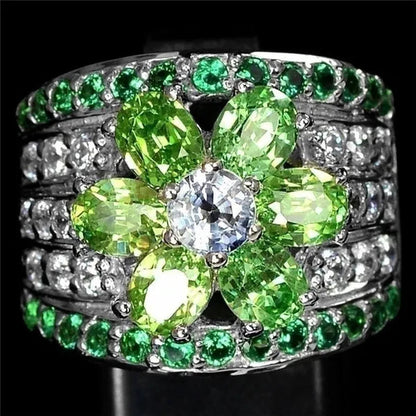 925 Sterling Silver Rings Oval Cut 12.17CT Natural Tsavorite Chrome Diopside Diamond Cocktail Ring Party Wedding Bands