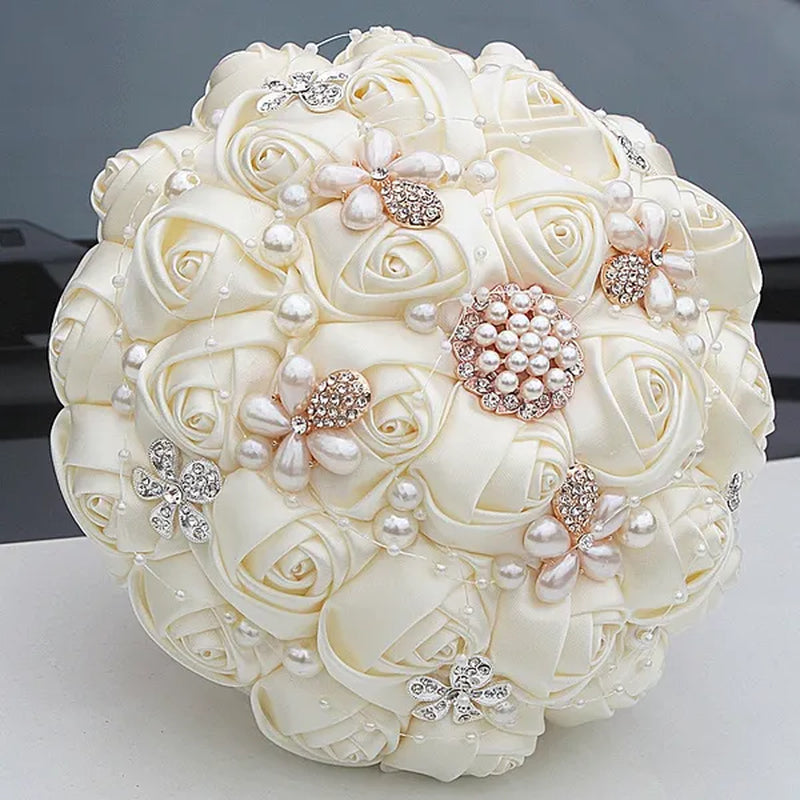 Ivory Rose Bride Wedding Bouquets Pearl Jewelry Brooch Bouquet Flowers 18cm