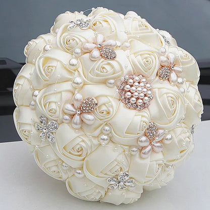Ivory Rose Bride Wedding Bouquets Pearl Jewelry Brooch Bouquet Flowers 18cm