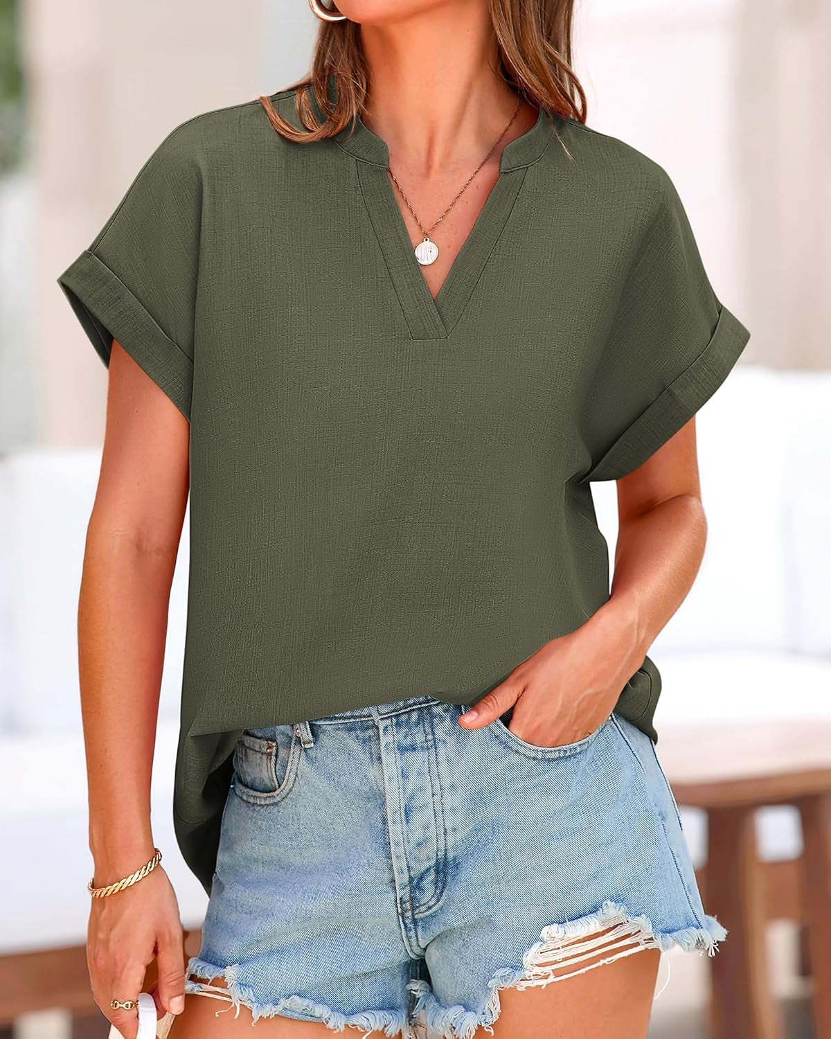 Womens Summer Tops 2025 V Neck Short Sleeve Tshirt Loose Flowy Tunics Solid Color Dressy Casual Blouse Shirts