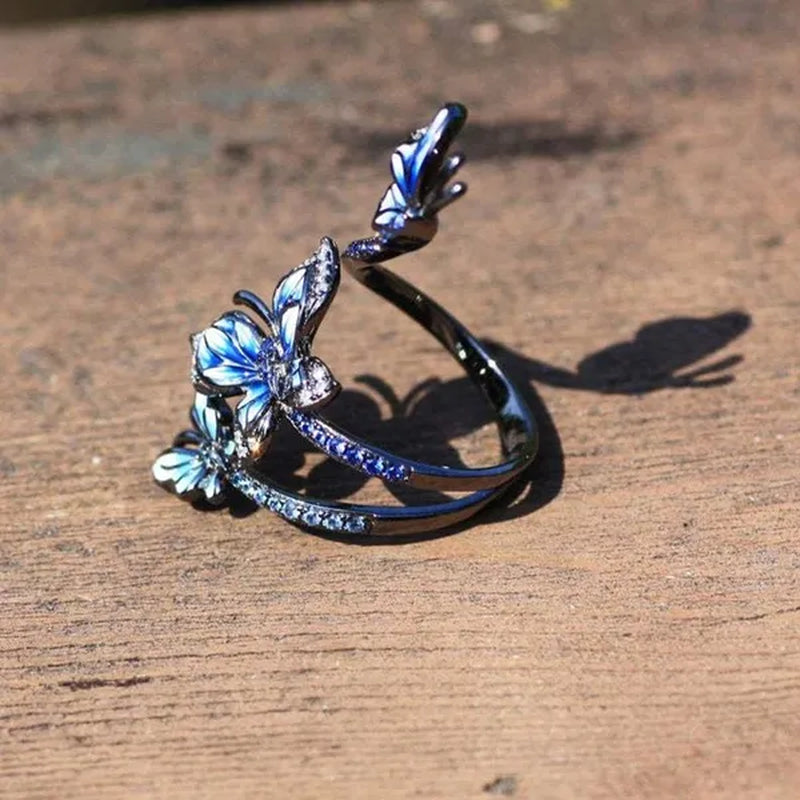 Exquisite 925 Sterling Silver Jewelry Rings for Women Female 3 Butterfly Animal Ring Temperament Blue Sapphire Zircon Inlay Ring Gun Black Ring Engagement & Wedding Band Ring Size 6-10