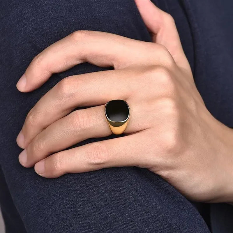 Men's Classic Simple Rounded Square Dripping Oil Stainless Steel Ring Silver Plated Gold Color Groom Wedding Engagement Anniversary Gift Jewelry