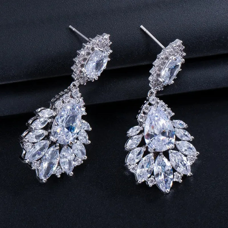 Gloriya Vintage Exquisite Marquise Silver Plated Jewelry Tear Drop Green Wedding Long Hanging Earrings with CZ Zirconia for Bride