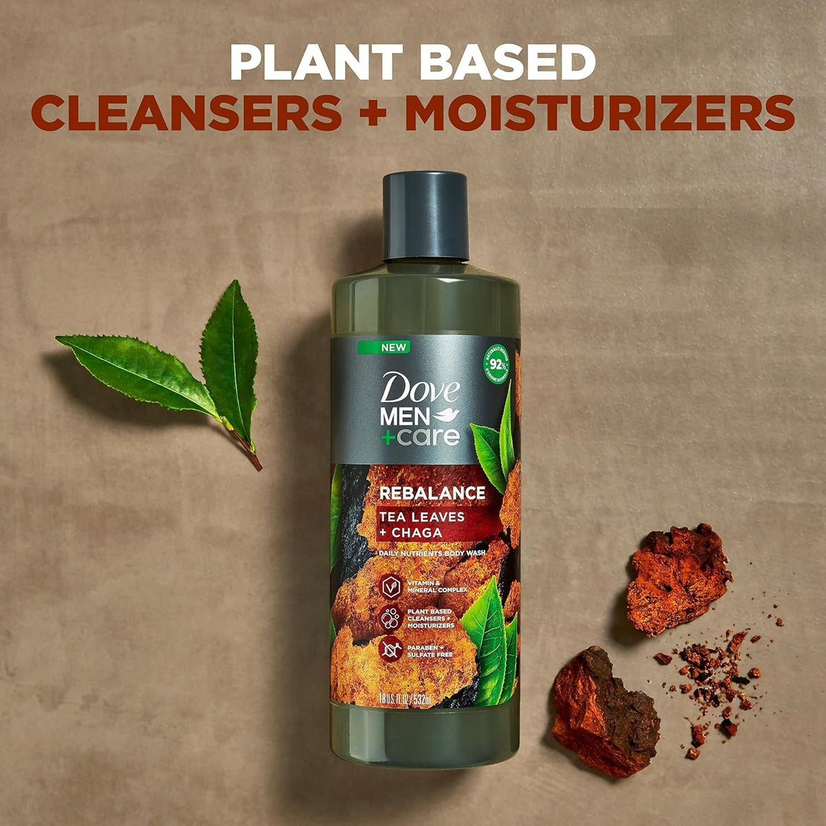 Rebalance Body Wash Tea Leaves and Chaga 4 Count with Vitamin and Mineral Complex Moisturizing Body Wash with Plant Based Ingredients 18 Oz