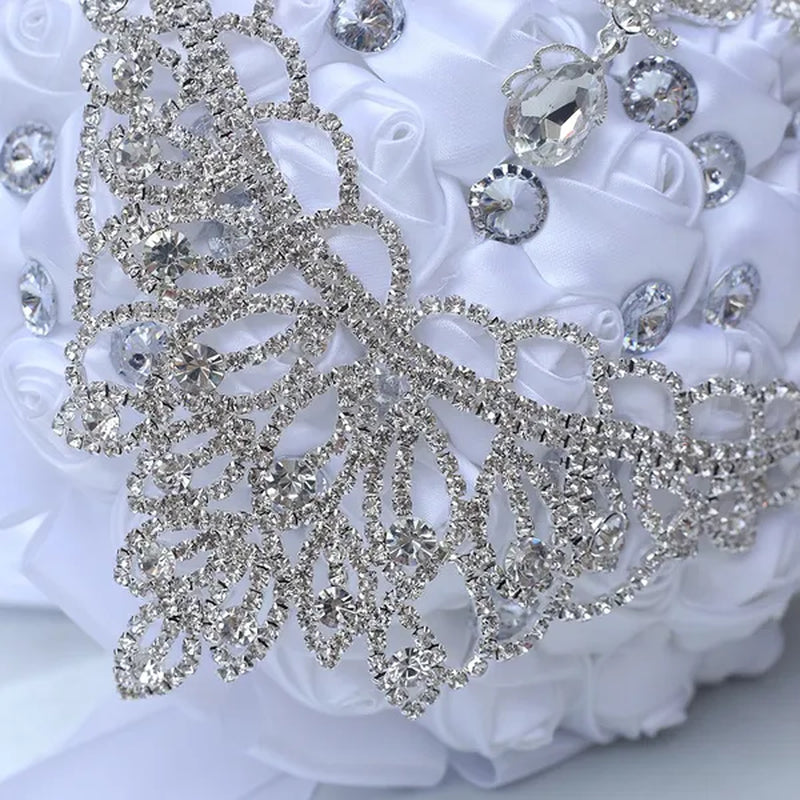 21cm Artificial Ribbon Rose Brooch Bouquets Crystal Handmade Bride Wedding Silk Flower Bouquet Party Rhinestone Bridal Bouquet Wedding Accessories