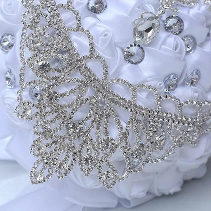 21cm Artificial Ribbon Rose Brooch Bouquets Crystal Handmade Bride Wedding Silk Flower Bouquet Party Rhinestone Bridal Bouquet Wedding Accessories