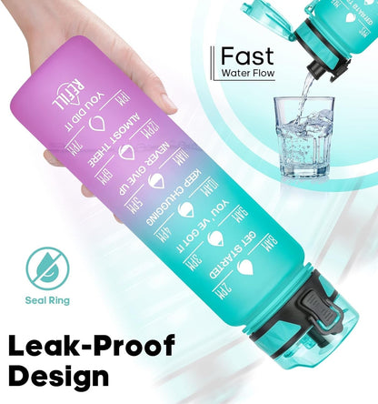 Motivational Water Bottle with Time Marker, 32 Oz (950 Ml), Bpa-Free Plastic, Easy Drink Straw, Fits Cup Holder