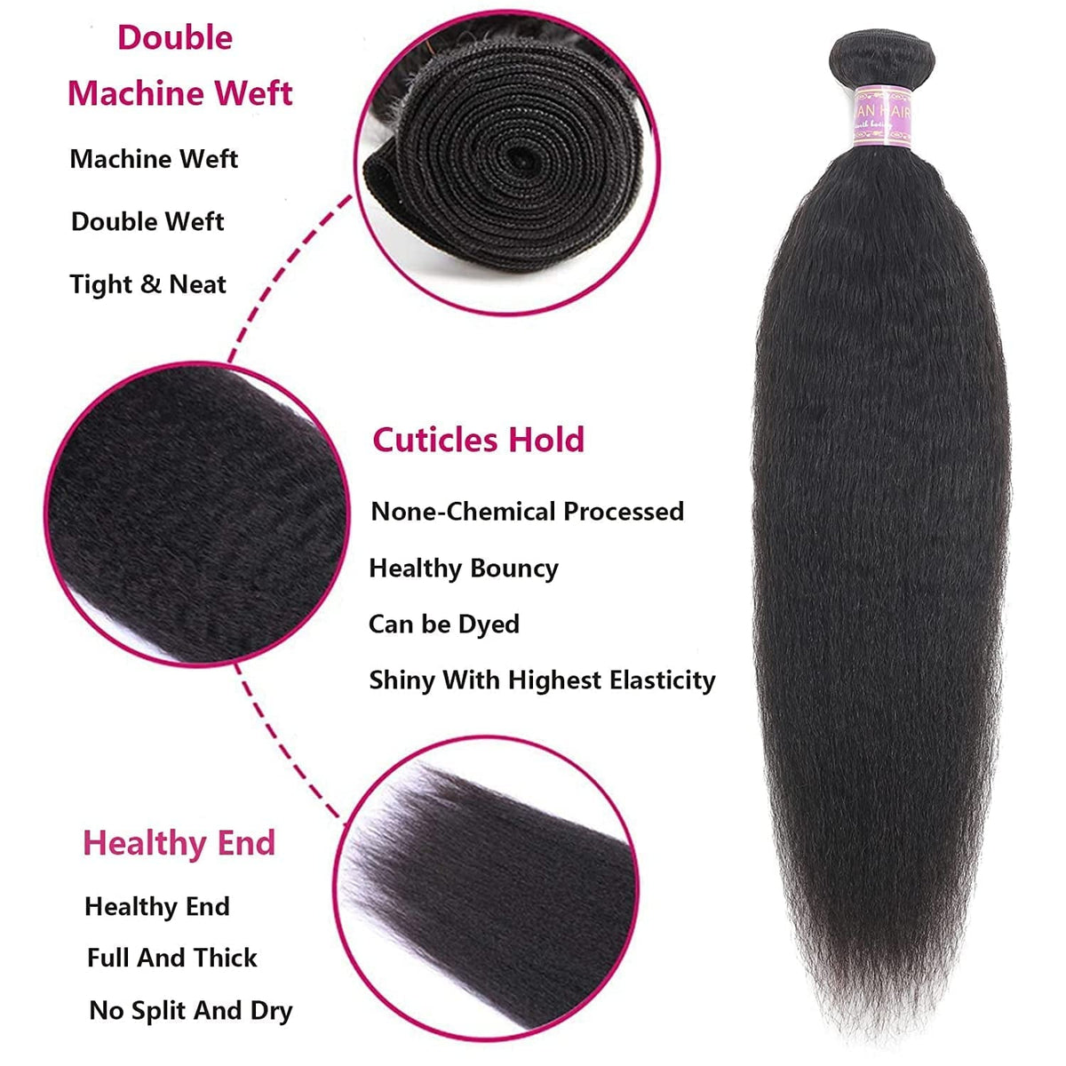 Kinky Straight Human Hair 3 Bundles with 4X4 Lace Closure Free Part 100% Unprocessed Brazilian Remy Yaki Straight Human Hair Extensions with Closure,Natural Black (12 12 12+10Closure)