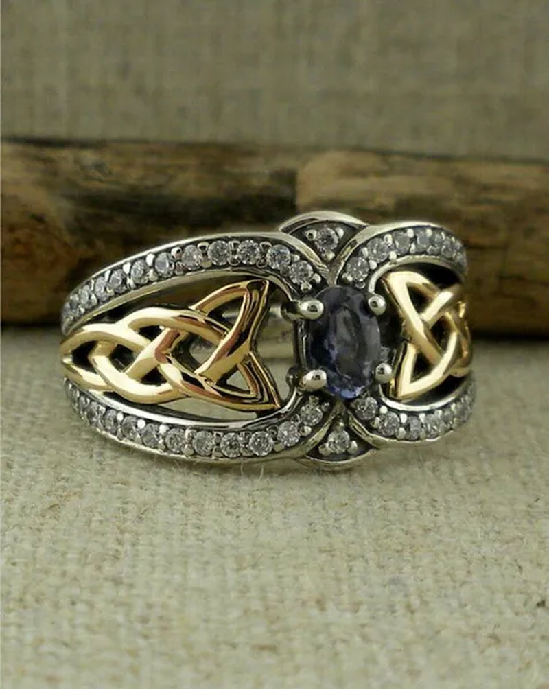 Vintage Women's Fashion Two Tone  Silver & Gold Red Ruby & Blue Sapphire Celtic Ring Anniversary Gift Engagement Bridal Wedding Jewelry Rings Size 5-10