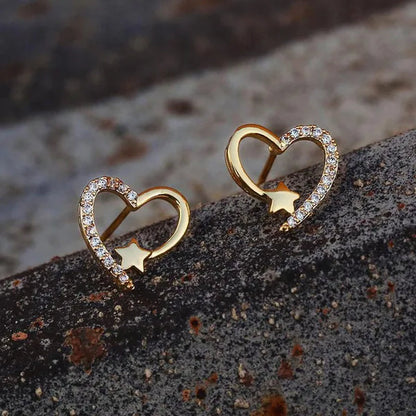 Gold  Love Heart Star White Sapphire Diamond Stud Earrings for Women Wedding Engagement Bride Jewelry Gift