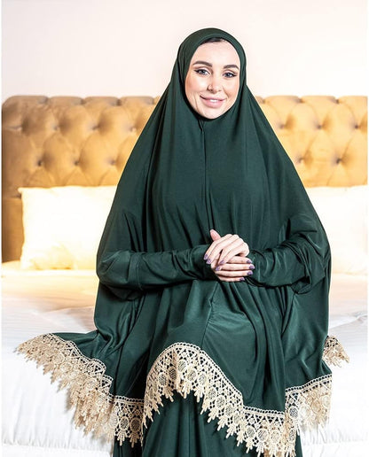 Women'S Prayer Dress 2 Pieces Lycra Solid Color plus Long Sleeve | One-Size | Hijab Abaya Suit
