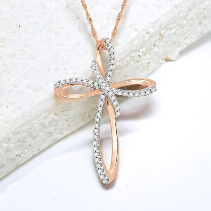 Cross Necklace Pendant with Natural White round Diamonds in 10K Rose, White or Yellow Gold, 18 Inch Rope Chain