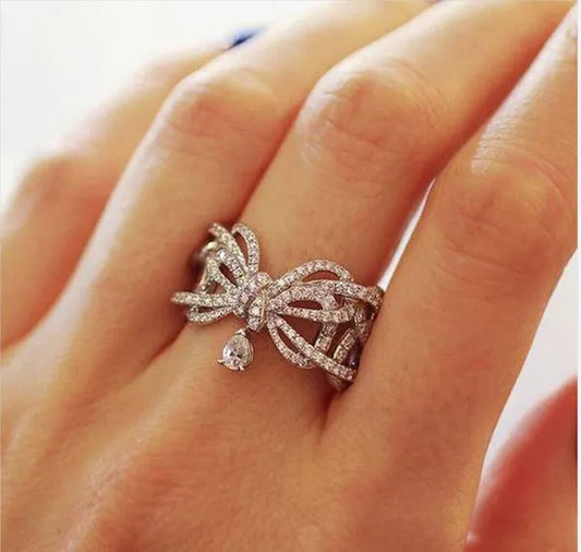 Delicate Women's Elegant Natural Gemstones Bow Knot Ring Inlaid Water Drop Full Diamond Ring Anniversary Gift Promise Proposal Engagement Wedding Band Jewelry Rings Size 5-10