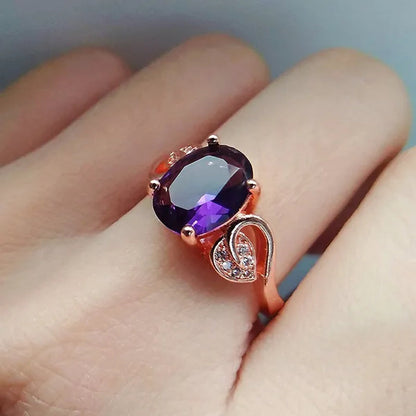 Fashion Amethyst Flower Pendant Necklace Water Drop Cubic Ziconia Earrings Four Leaf Clover Bracelet Double Heart Open-End Ring Jewelry Set For Women Gift