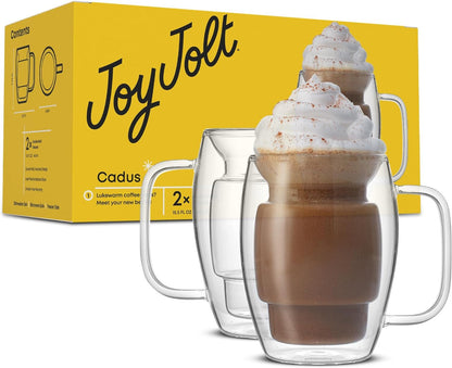 Cadus Glass Coffee Cups Double Wall Insulated Mugs Set of 2 Latte Glasses, 16-Ounces.