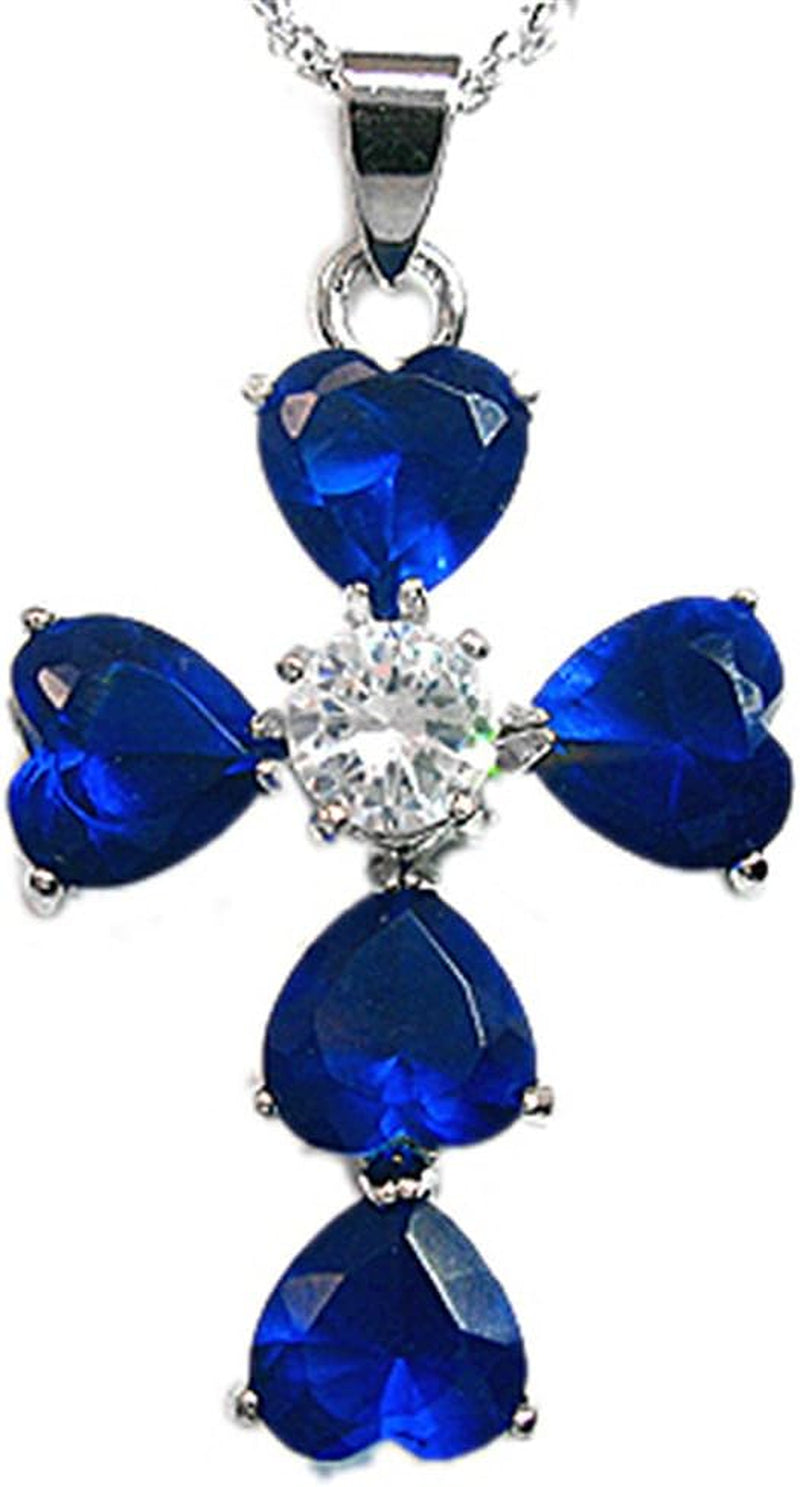 Cross Pendant with 18" Chain & Heart Cut CZ [Simulated Blue Sapphire] in White Gold Plated, Simple Modern Elegant