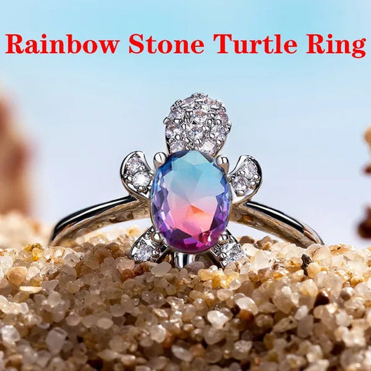 Rainbow Stone Turtle Rings Cute Animal Sea Turtle Ring White Sapphire Diamond Ring Ocean Style Turtle Aquamarine Crystals Rings for Women and Men Birthday Party Anniversary Gift Wedding Engagement Ring Jewelry 14 Colors Size 5-11