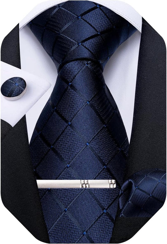 Plaid Ties for Men Silk Checkered Necktie and Pocket Square Cufflinks Tie Clip Set with Gift Box for Wedding Business