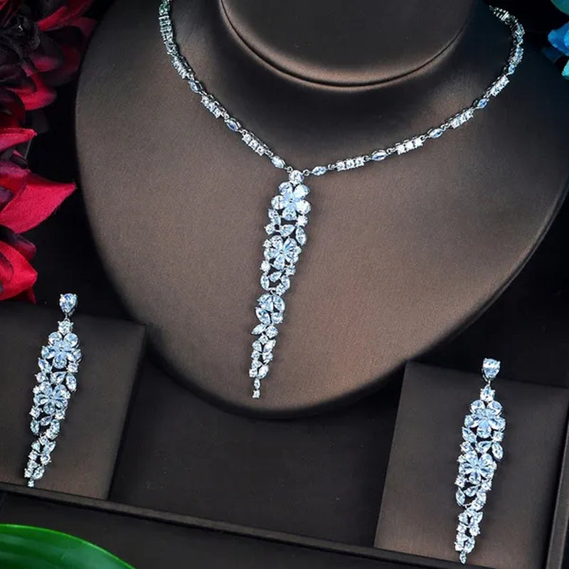 Gloriya Luxury White Gold Plating Blue CZ Flower Jewelry Bridal Wedding Long Pendant Necklace Earrings Set for Brides