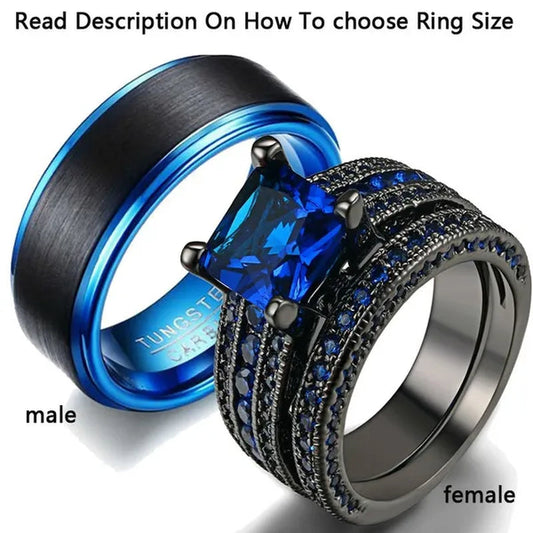 Two Rings Couple Rings Tungsten Steel Men's Rings 18k Black Gold Filled Princess cut Sapphire Women's Wedding Ring Sets