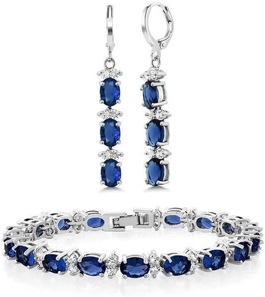 7 Inch Emerald Amethyst Ruby Sapphire and White Tennis Bracelet Set With Matching 2 Inch Oval Dangle Earrings For Women