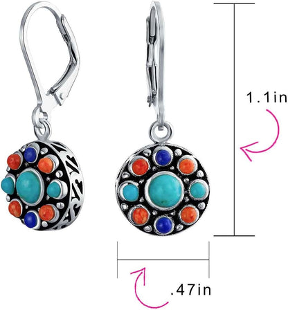 Western Jewelry Multicolor Gemstone Orange Purple Turquoise round Circle Oval Medallion Disc Dangle Earrings for Women Oxidized .925 Sterling Silver Lever Back