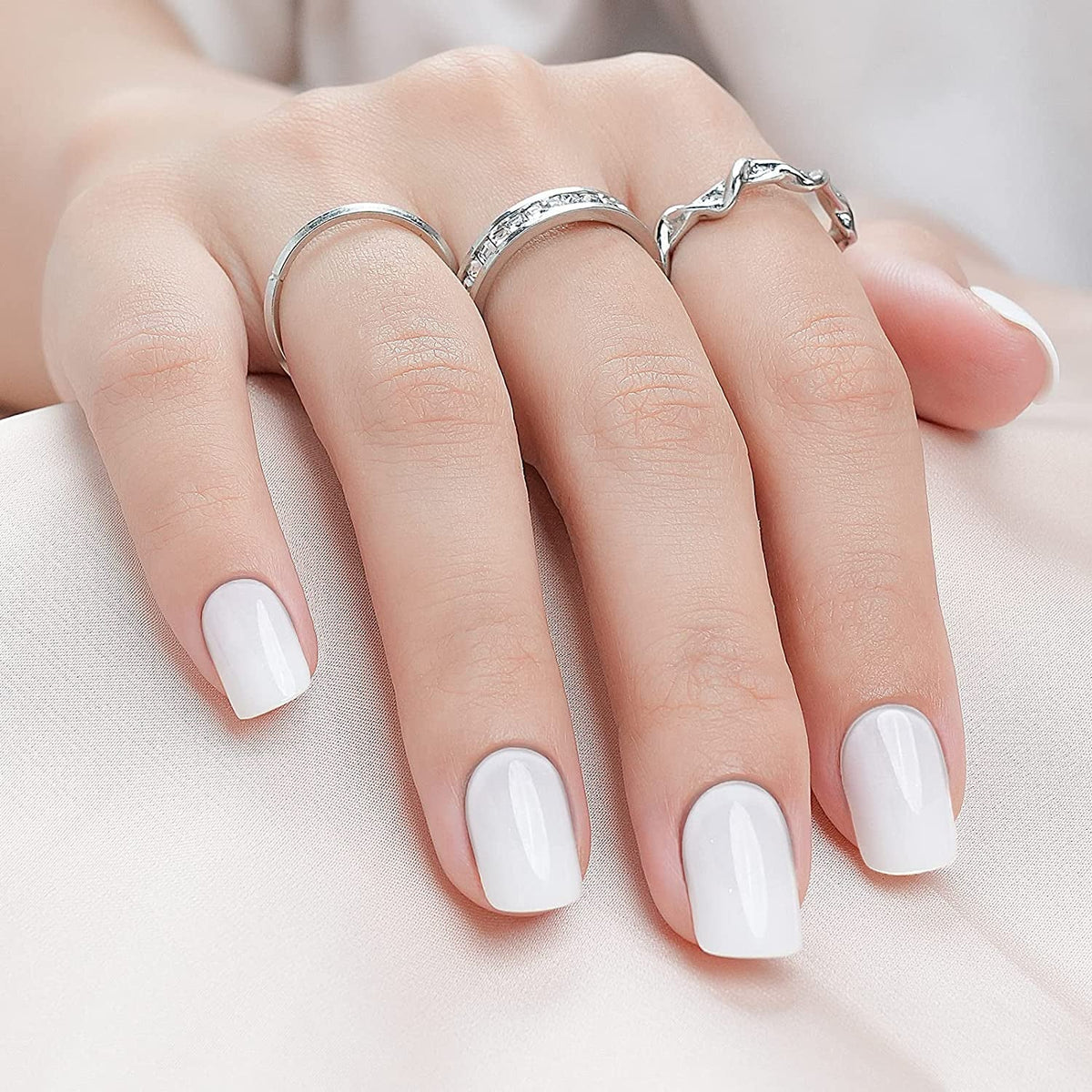 White Press on Nails Short,  Square Solid Color Fake Nails with Glue, Reusable & Natural Acrylic False Nails Stick on Nails for Women Girls Gift, Gel Nail Kit, 24pcs