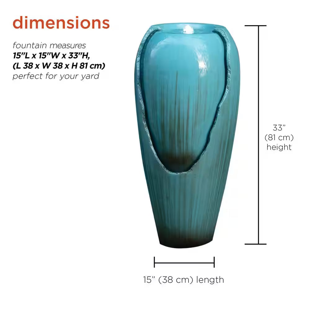33 In. Tall Water Jar Fountain with LED Light, Turquoise