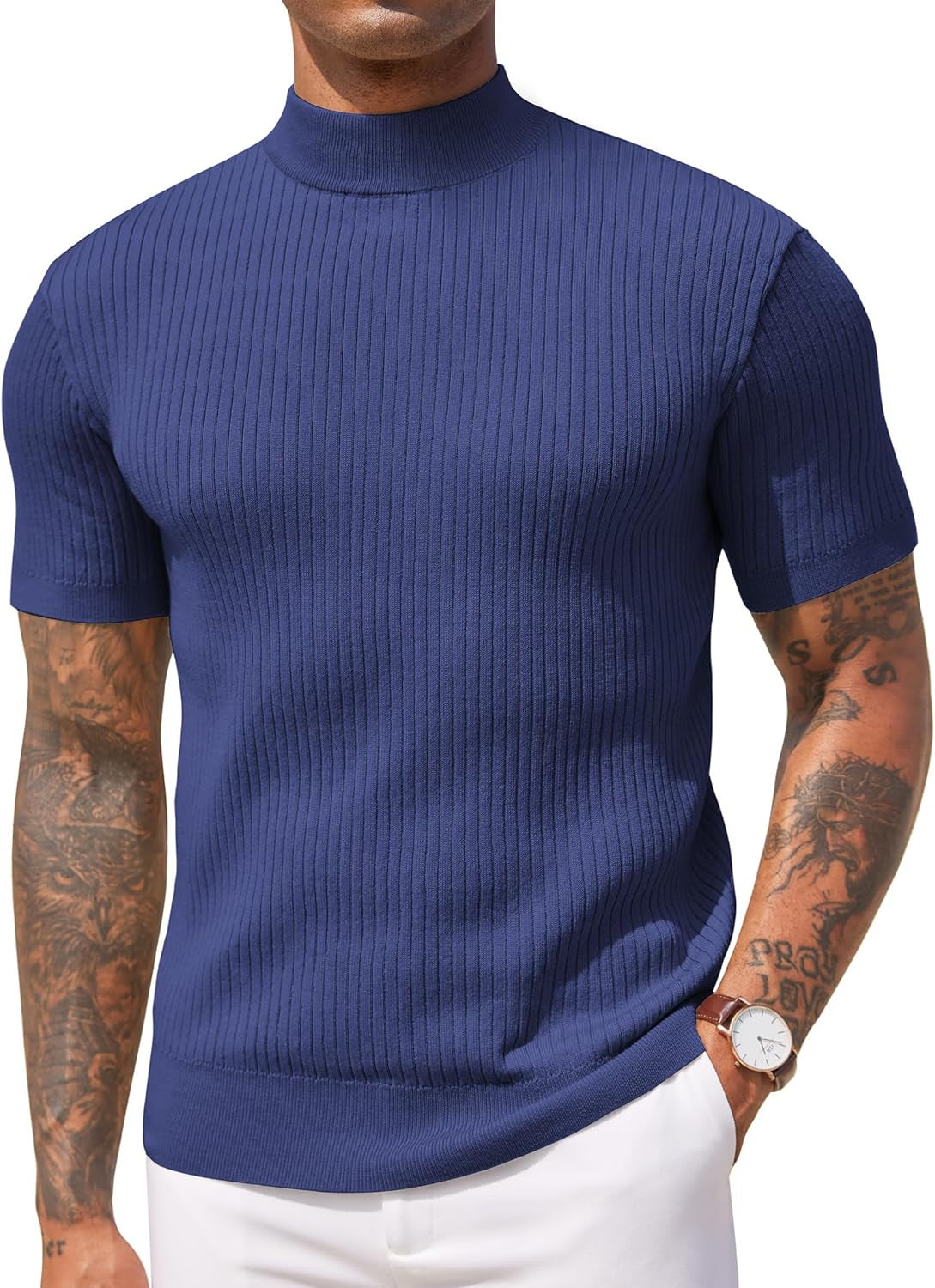 Men's Mock Turtleneck Sweater Short Sleeve Casual Basic Pullover Sweater Ribbed Knit Pullover Solid Tee