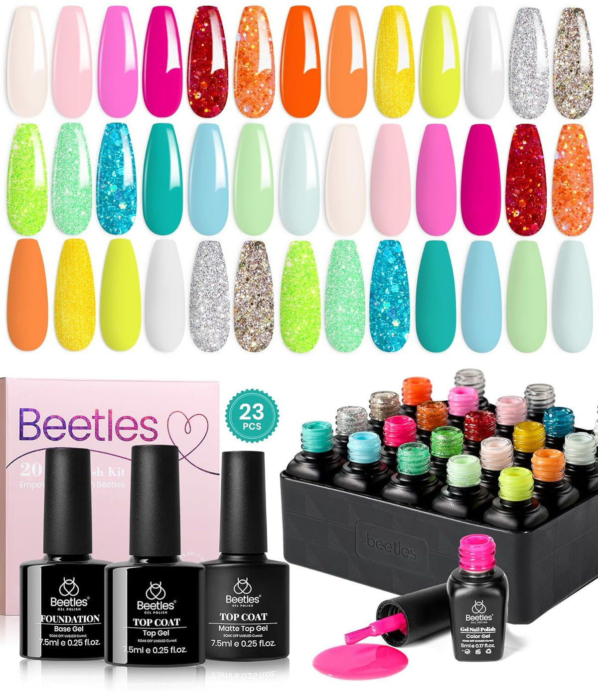 Beetles 23Pcs Gel Nail Polish Kit with Glossy Matte Top Coat and Base Coat Girls Night Collection White Nude Gray Glitters Gel Nail Polish Set U V Soak Off Holiday Manicure for Women Girls