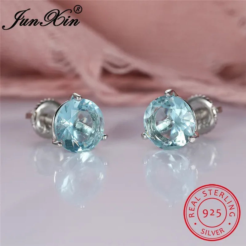 8MM 925 Silver/14K Gold/Rose Gold Round Cut Light Aqua Blue Aquamarine Stud Earrings Round Lab Diamond Screwback Stud Earrings
