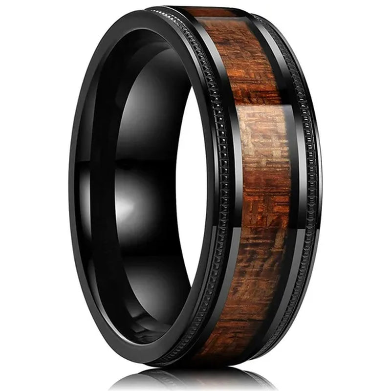 Luxury Jewelry Accessories Plus Size Mens Ring 8mm 316L Stainless Steel Wedding Ring Inlay Koa Wood Sawtooth Edge Titanium Steel Rings for Men