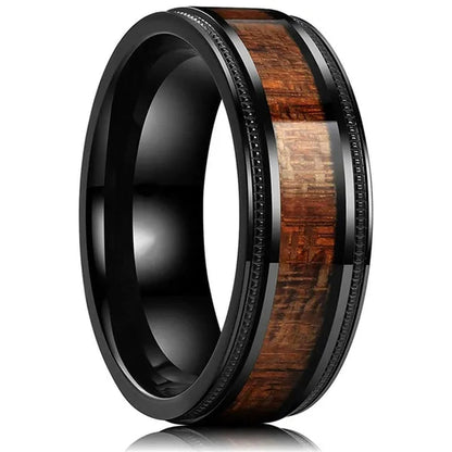 Luxury Jewelry Accessories Plus Size Mens Ring 8mm 316L Stainless Steel Wedding Ring Inlay Koa Wood Sawtooth Edge Titanium Steel Rings for Men