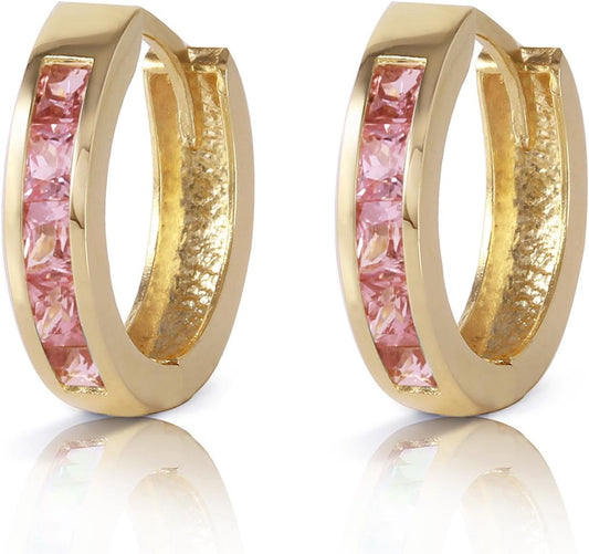 14K Solid Yellow Gold Hoop Huggie Earrings with 1.3 CTW Natural Pink Sapphire