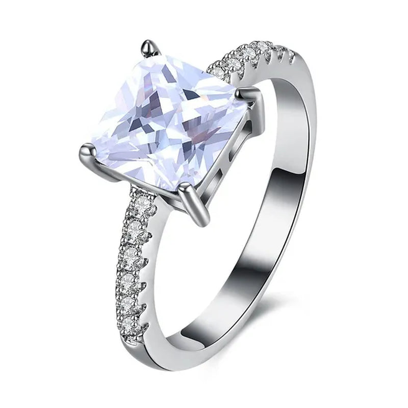 Women 18K White Gold Plated Square Rainbow Sapphire Crystal Wedding Ring Bridal Jewelry