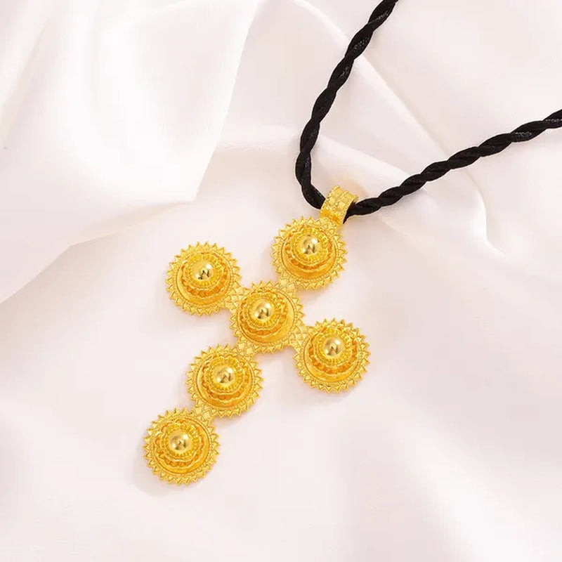 high qualityGold Color cross pendant Ethiopian Jewelry Sets Necklace Bracelet earrings ring Dubai Wedding Bride Habesha sets African Items gift