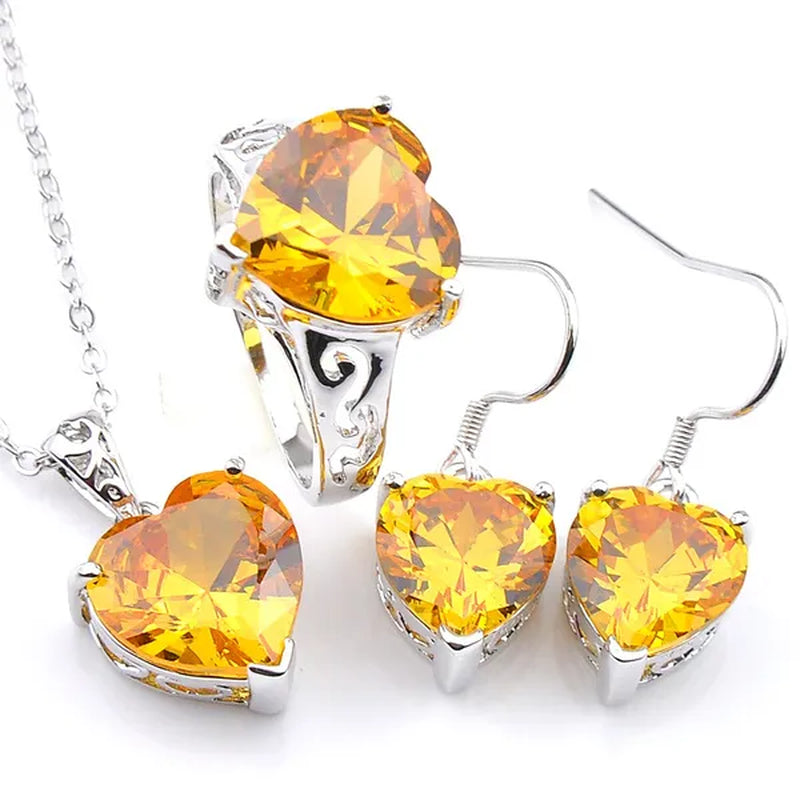 Luckyshine Heart Fire Royal Citrine Gems Silver Rings Earrings Pendants Necklace Jewelry Sets for Valentine's Day Gift