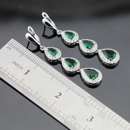 Water Drop Green Zircon White Topaz AAA Zircon 925 Silver Jewelry Sets Necklace Pendant Long Drop Earrings Ring for Women