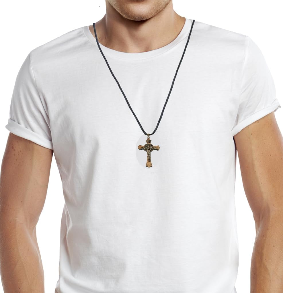 Saint Benedict Medal Wood Crucifix Cord Necklace for Men & Women – Handcrafted Religious Pendant, Healing, Travel Protection, Perfect for Gifting on Special Occasions, Made in Brazil