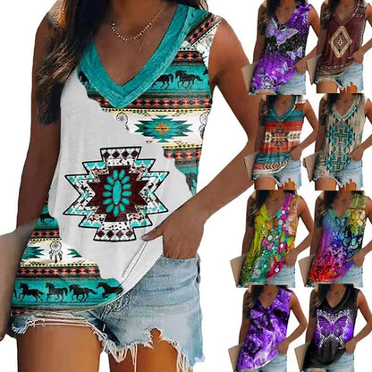Ethnic Style Multi-pattern Print Sleeveless T-shirt Women's Vest V-neck Casual Loose Shirts Blouse Tank Top Camisoles