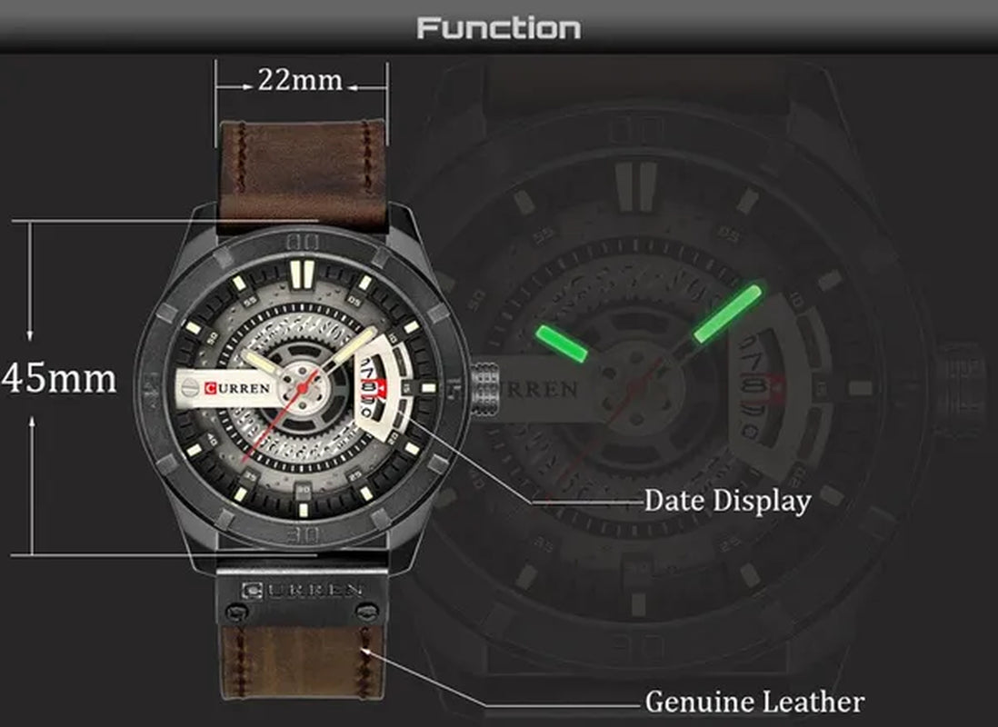 CURREN Men Watch Army Military Sports Watches Black Case Leather Strap Waterproof Date Function