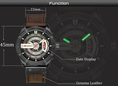 CURREN Men Watch Army Military Sports Watches Black Case Leather Strap Waterproof Date Function