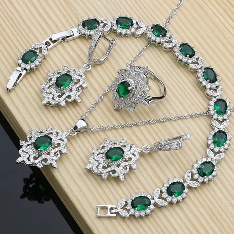 Romantic Women Anniversary Silver 925 Jewelry Sets Sapphire Amethyst Garnet Emerald Gemstone Fashion Necklace Set