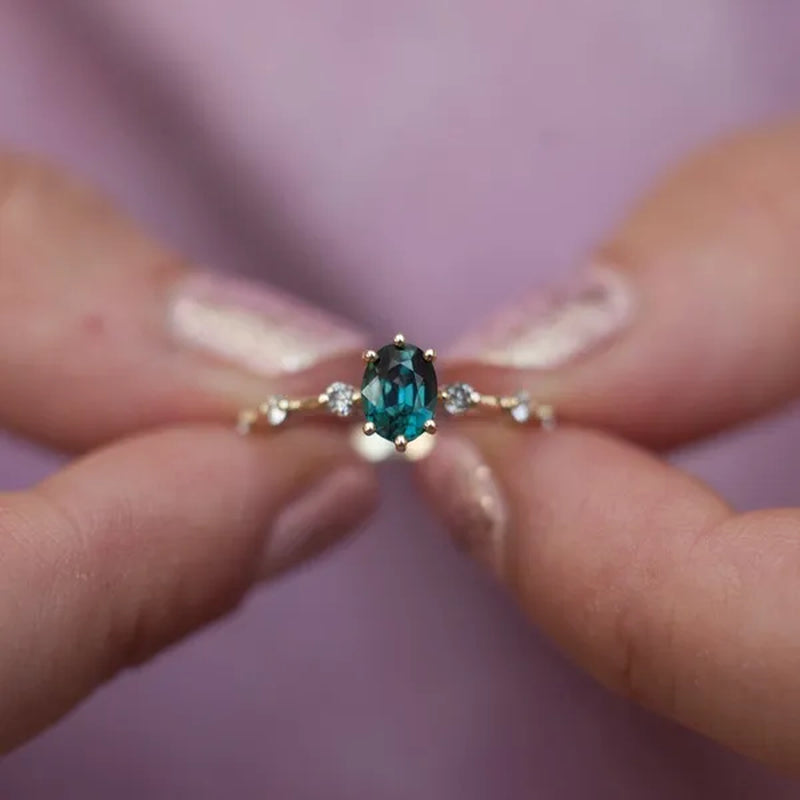 Teal Sapphire Ring, Peacock Engagement Ring, Ceylon Sapphire Diamond Ring, Oval Blue Ring