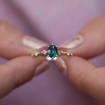 Teal Sapphire Ring, Peacock Engagement Ring, Ceylon Sapphire Diamond Ring, Oval Blue Ring