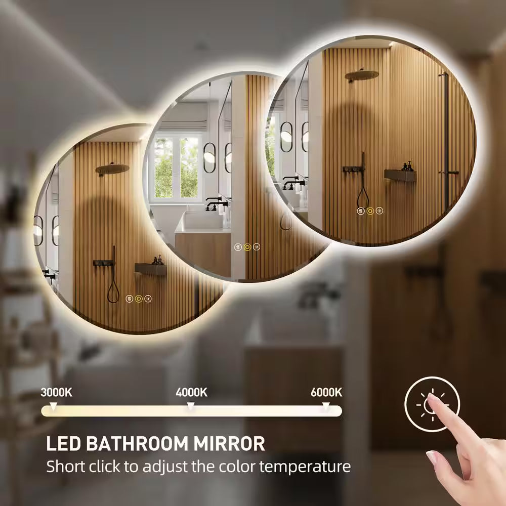 RS 32 In. W X 32 In. H round Beveled Edge 3 Colors Dimmable LED Anti-Fog Memory Wall Mount Bathroom Vanity Mirror