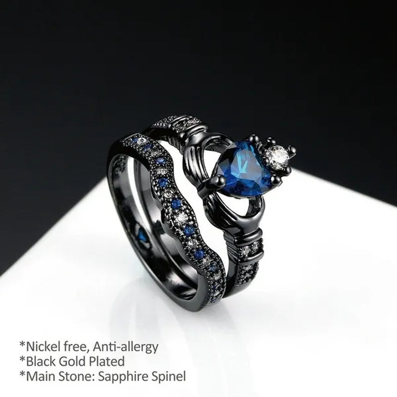 2PCS Fashion Blue Sapphire Couple Rings Diamond Rings Heart Shape Blue Sapphire Engagement Wedding Rings Set
