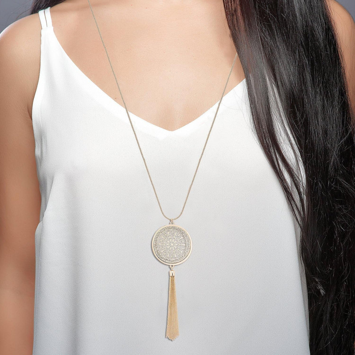 Long Necklaces for Woman Disk Circle Pendant Necklaces Tassel Fringe Necklace Set Statement Pendant