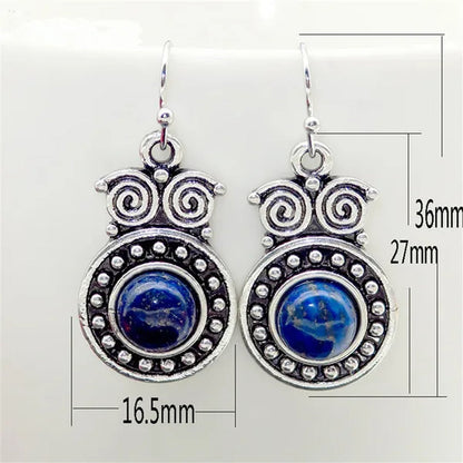 Retro Tibetan Silver Natural Ruby Sapphire Inlay Owl Ear Hook Dangle Earrings Gift for Women