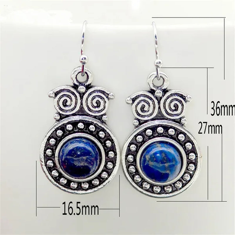 Retro Tibetan Silver Natural Ruby Sapphire Inlay Owl Ear Hook Dangle Earrings Gift for Women